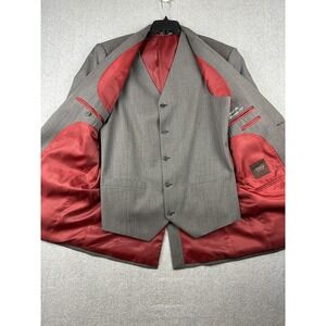 Classic Gray Men's Three-Piece Suit with Red Satin Lining